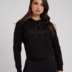 Guess Cropped Hoodie Sweatshirt Women's Size M Black Eco Allie Graphic Scuba